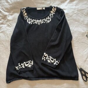 Croft & Barrow Sweater Womens XL Black Scoop Neck Embroidered Floral 3/4 Sleeve